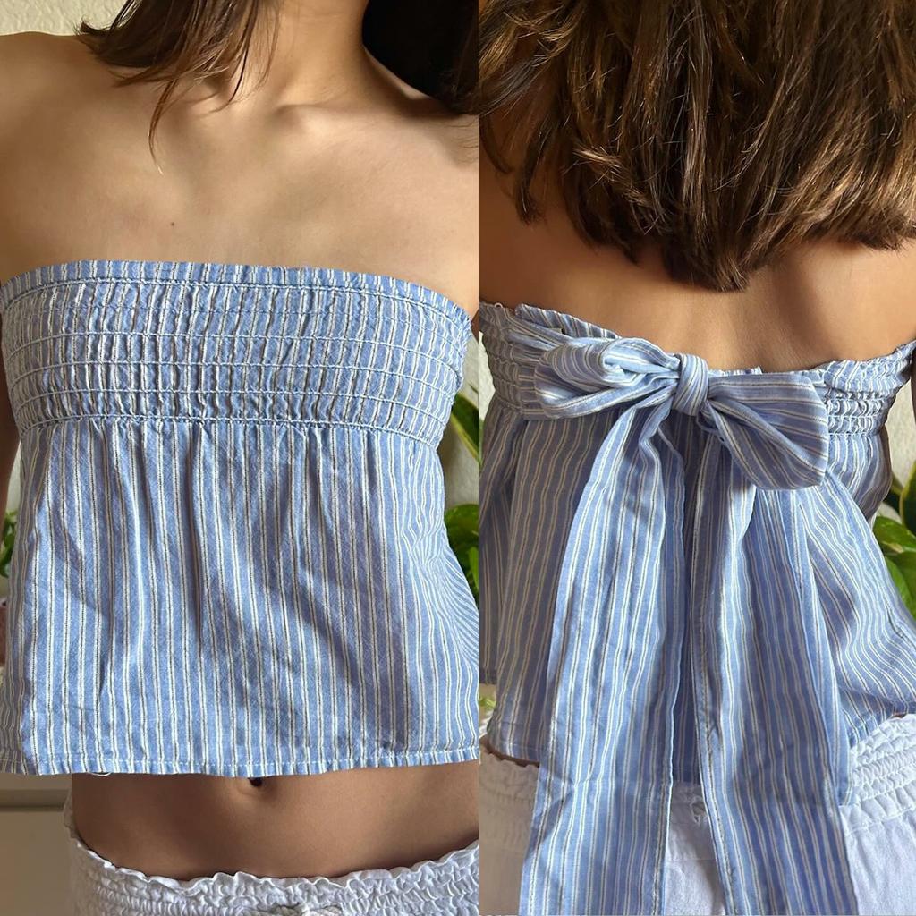 Women Summer Tube Tops Striped Print Tie Bow Off-Shoulder Bandeau Vest Backless Shirts for Streetwear Grunge Clothes