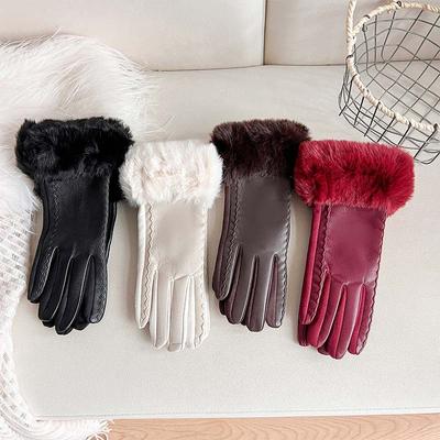 Women's New Fashion Fake Leather Gloves with Rabbit Fur Trim, Touchscreen Compatible, Warm and Windproof for Autumn/Winter