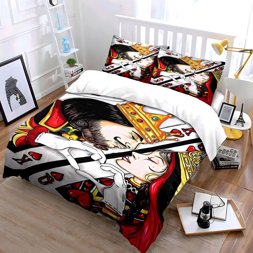 Romantic King and Queen Playing Cards Print Bedding Set 1 Duvet Cover 2 Pillowcases for Adult and Children Luxury Gift