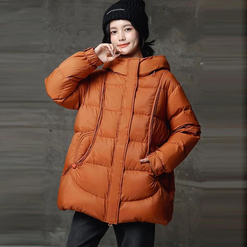 

Пуховик средней длины и длинный женский 2025 зима ретро новый свободный большой версии прикрывающий недостатки фигуры утолщенный пуховик из белого утиного пуха тренд M оранжевый