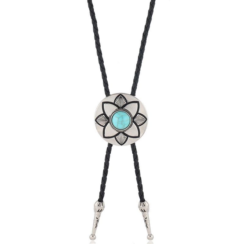 Poirot tie vintage sweater chain metal petal feather turquoise personality necklace bolo tie adjustable necklace