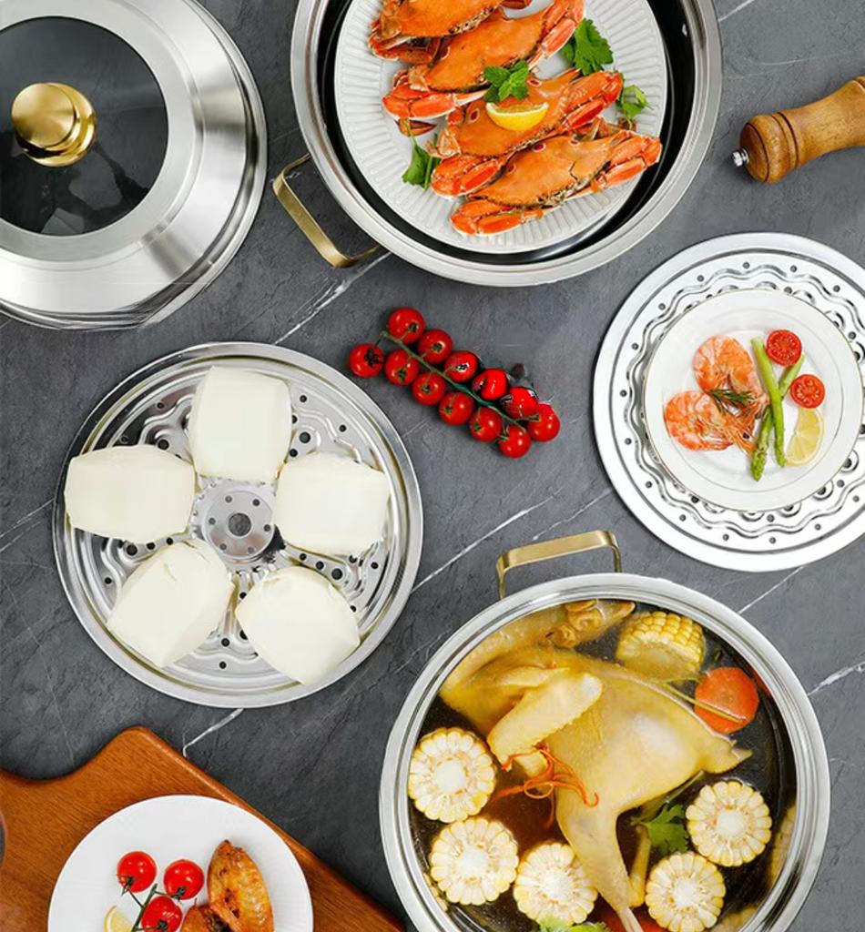 Vapor din oțel inoxidabil 316, grad alimentar, lărgit și îngroșat, uz casnic, capacitate mare, vapor multistrat, oală pentru supă pentru gătit