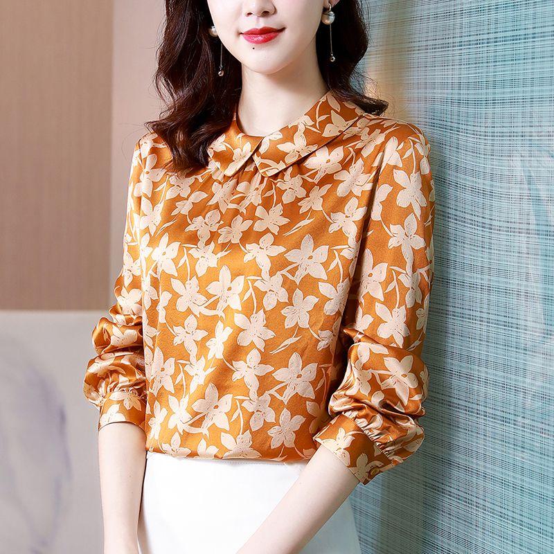 Women's Clothing Spring Autumn Pullover Crew Neck Turn-down Collar Flower Printing Long Sleeve Undershirt T-shirt Elegant Tops