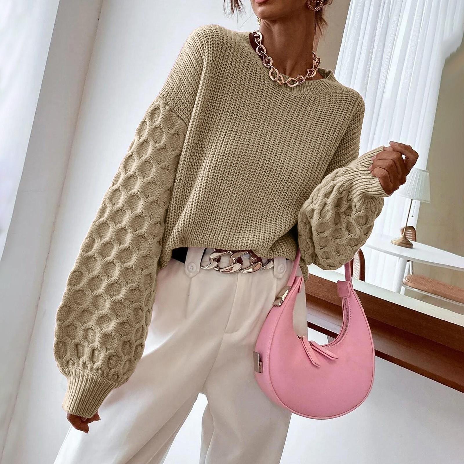 

Женский осенне-зимний модный свитер с длинными рукавами и круглым вырезом с заниженными плечами XL бежевый