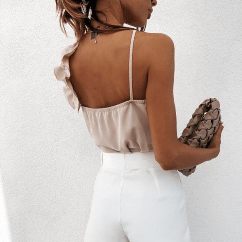 2023 Módní elegantní stylové jednobarevné hedvábné tílko s volánky, letní dámské saténové tílko bez rukávů, výstřih do V, sexy tričko s volným zadkem 26289