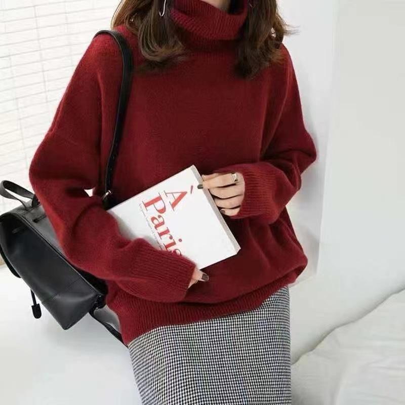 Suéter de Cachemira de Cuello Alto para Mujer Otoño Invierno Suéter de Lana Pura Tejido para Señoras Holgado Talla Grande Jersey Femenino