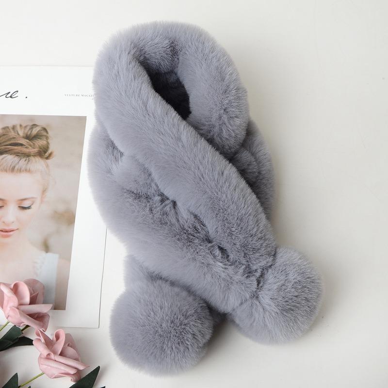 Dame Vinter Ensfarget Skjerf Myk Plysjball Dekor Fuskepels Tykke Skjerf Koselig Halsvarmer Kryss Vindtett Termisk Dame Halsvarmer