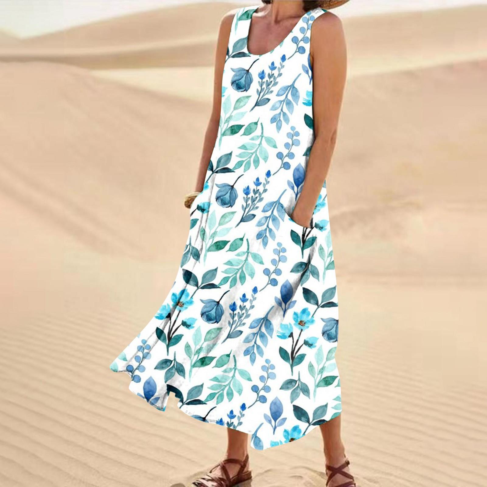 Женское летнее повседневное модное платье без рукавов с круглым вырезом и карманом с цветочным принтом XXL фиолетовый