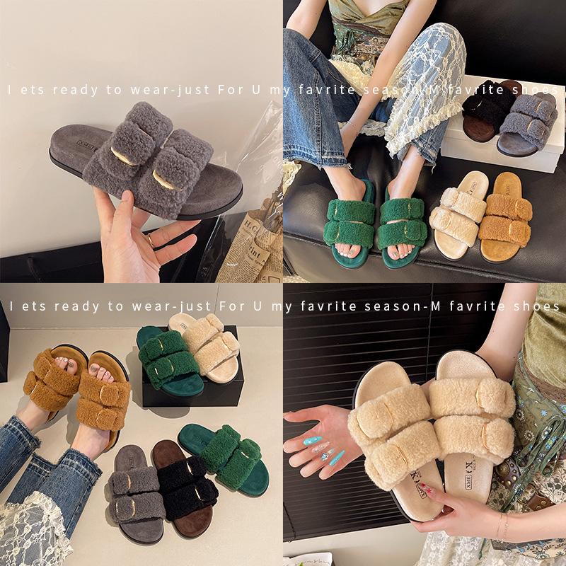 Double-button Fluffy Slippers for Women's Autumn New Casual Thick-bottomed One-word Slippers for Open-toed Lazy Plush Slippers