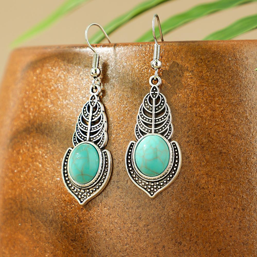 Temu explosive antike Silberohrringe mehrteiliger ethnischer Stil Türkisohrringe Hohlblumen-Accessoires Yiwu