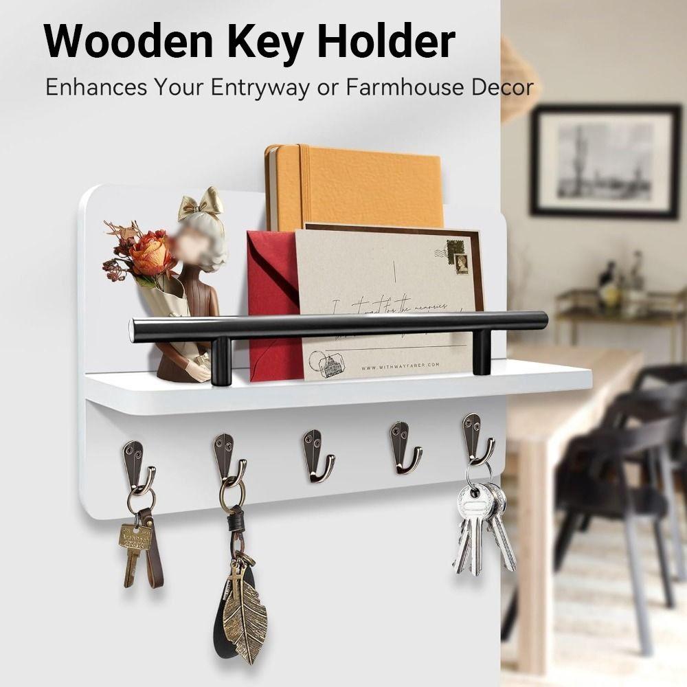 Wall Mounted Wooden Key Holder Floating Shelf Clothes Storage Rack Coat Hook  Home Decor