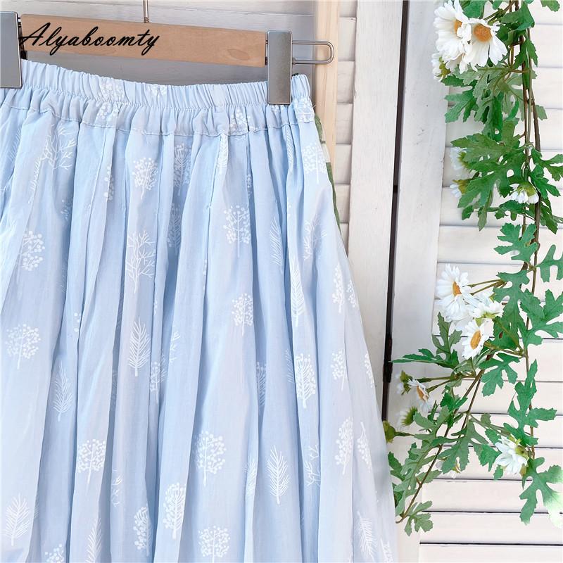 Japanese Mori Girl Summer Women Blue A-Line Skirt High Waist Floral Cotton Elegant Skirts Womens
