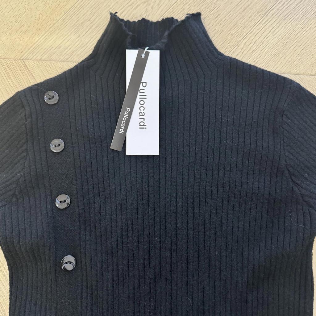 Pullocardi Knit Long High Pure Front Slim Black Women's Sweater, Sleeve, Turtleneck, Neck, Color, Buttons, Thin, Fit,