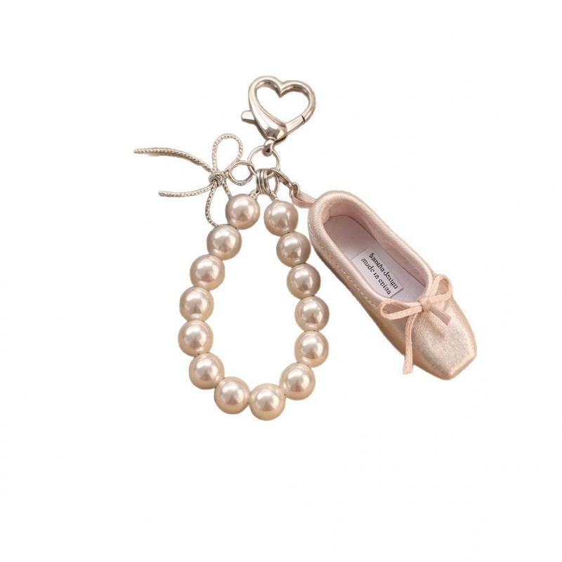 Sweet Niche Girl Pink Ribbon French Pearl Ballet Shoes Mobile Phone Pendant Bag Charm