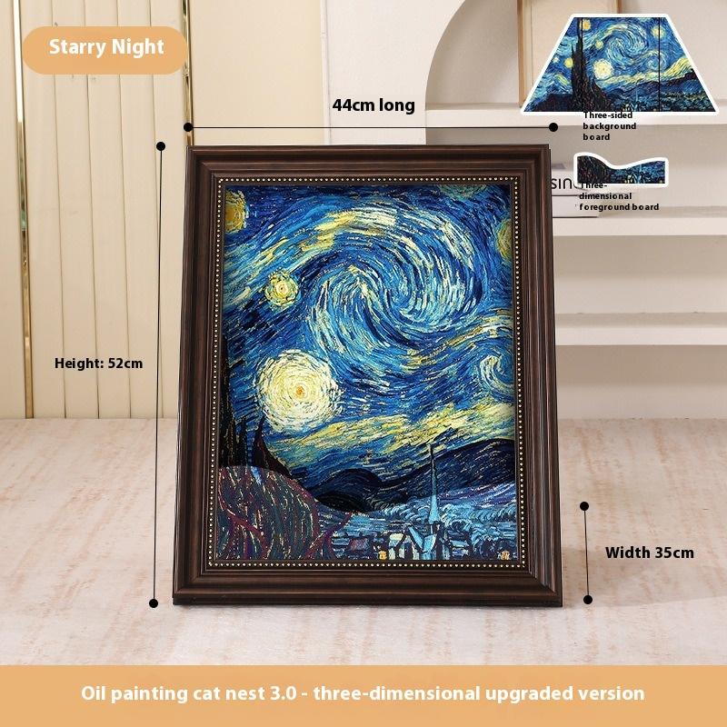 Iris Oil Painting Cat Bed with Replaceable 3D Frame Cat Scratching Board Creative Pet House Scratcher for Cats