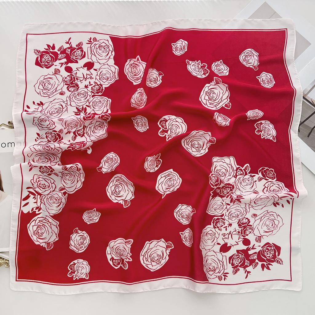 Xiaoxiangfeng rose flower printing silk scarf women's versatile summer imitation silk small square scarf light and simple foreign style scarf