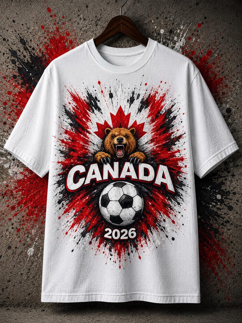 Canada Soccer 2026 T-Shirt | Maple Leaf Crest, Soccer Ball, Red Splash S