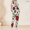 Women Plus Size White Green Floral Printed Nurse Scrub Set V Neck Long Sleeve Pockets Top And Long Pants