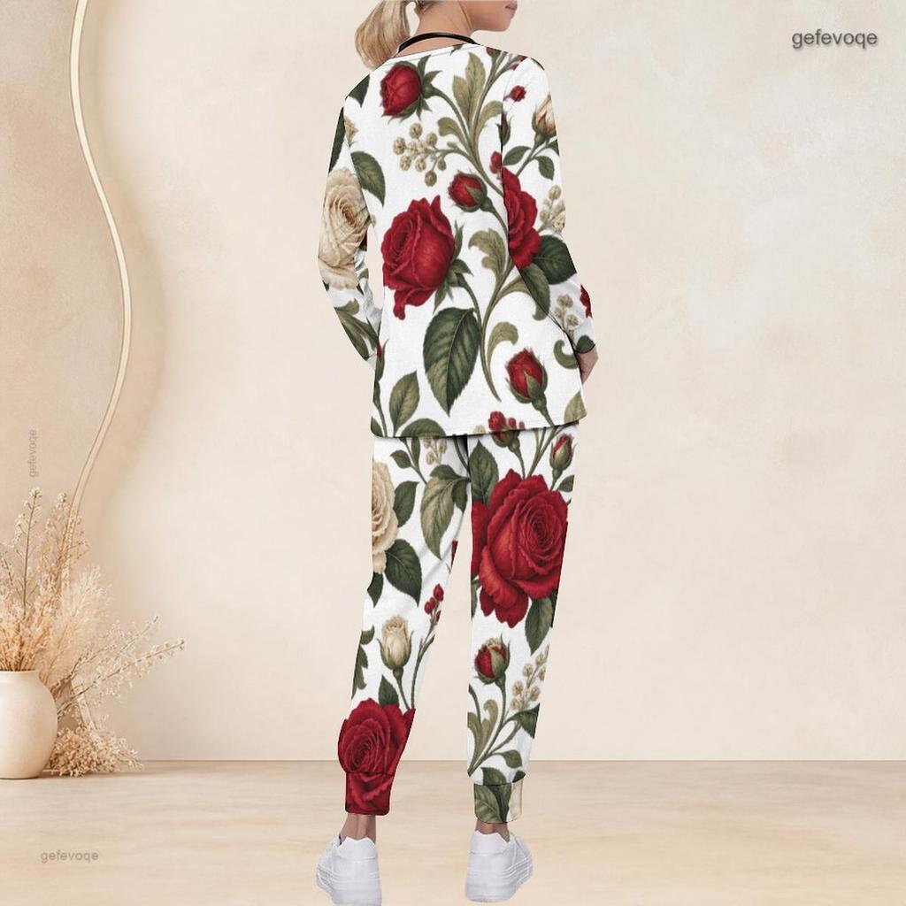 Women Plus Size White Green Floral Printed Nurse Scrub Set V Neck Long Sleeve Pockets Top And Long Pants