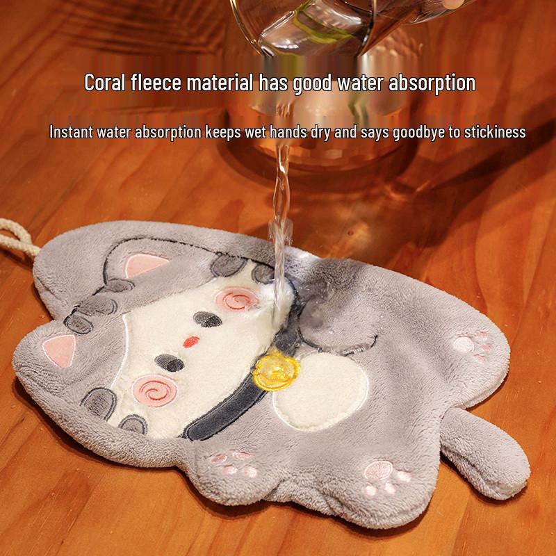 Cartoon Cat Coral Fleece Hangable Hand Towel - Thick, Absorbent, Dual-Use for Kitchen & Bathroom.