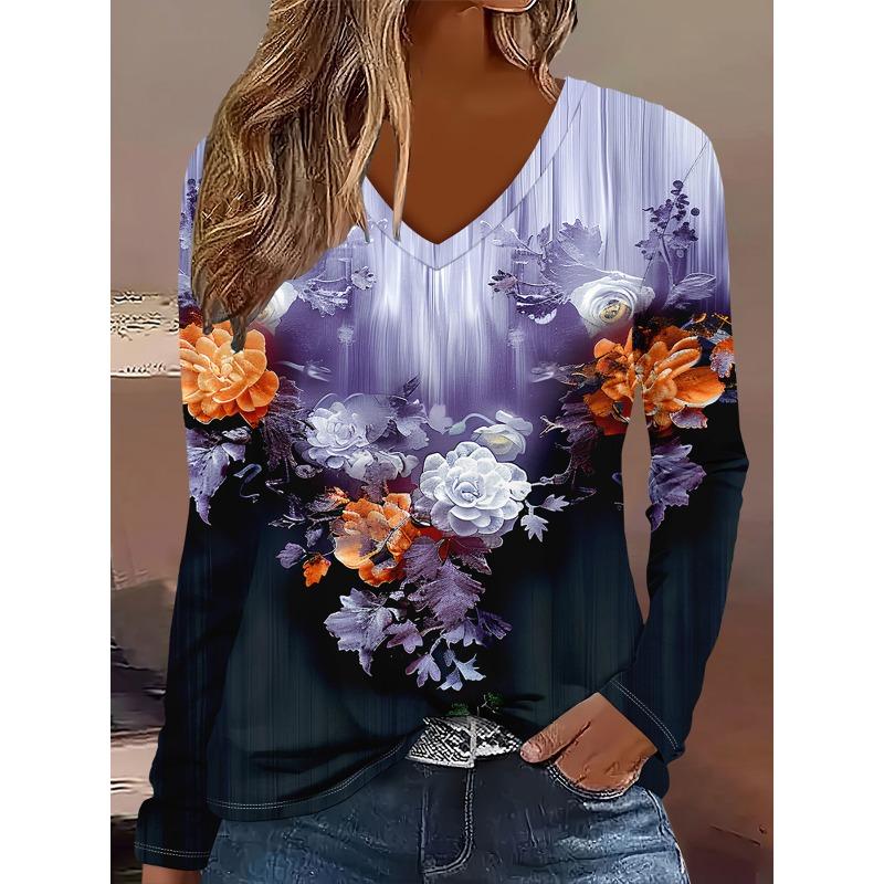 Women's Autumn and Winter 3D Printed V-Neck Long Sleeve T-Shirt Fashion Versatile Trend Breathable Casual