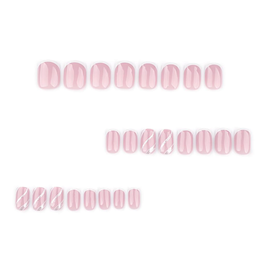 24 Stück einfache weiße künstliche Nägel, kurze quadratische Nagelkunst, wellig, flash-rosa gestreift, tragbare Nägel