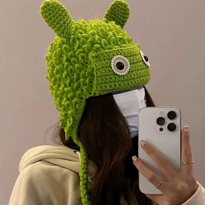 Winter Warm Knit Hat for Women Funny Monsters Hat Hooded Skull Hat Outdoor Activity Cap Windproof Headwear Pullover Hat