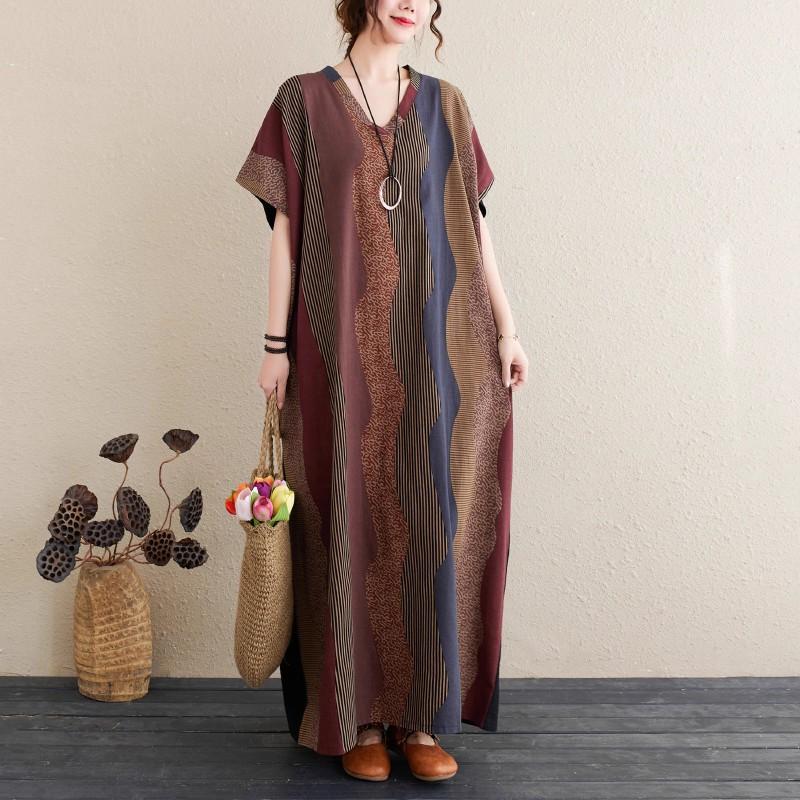 Summer Plus Size Loose Fit Vacation V-Neck Short Sleeve Maxi Dress Women Beach
