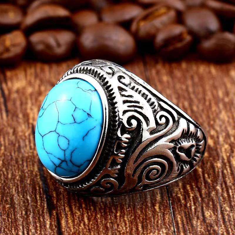 Retro European and American Turquoise Pattern Alloy Men's Ring