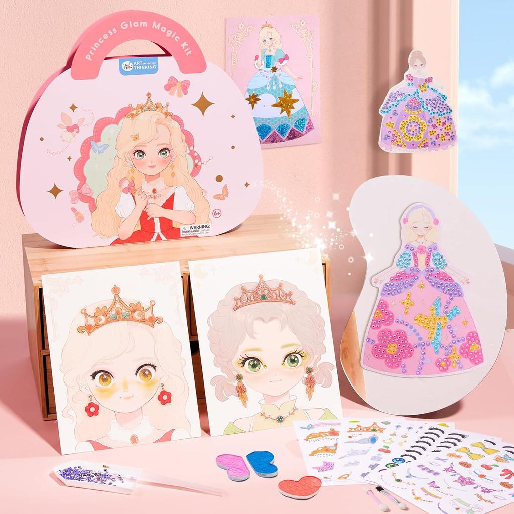 4 In 1 Princess Art Craft Kits, Foil Crafts Art Fun & Gem Painting, Makeup Diamond DIY Activity, Dress Up Sticker Books,Travel Toys, Ideal Toys for