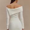 Damen Off-Shoulder Faltkragen Langarm Bodycon Mini Kleid Elegant Gerippter Strick Kurze Partykleider Frühling Herbst Pulloverkleid für Damen