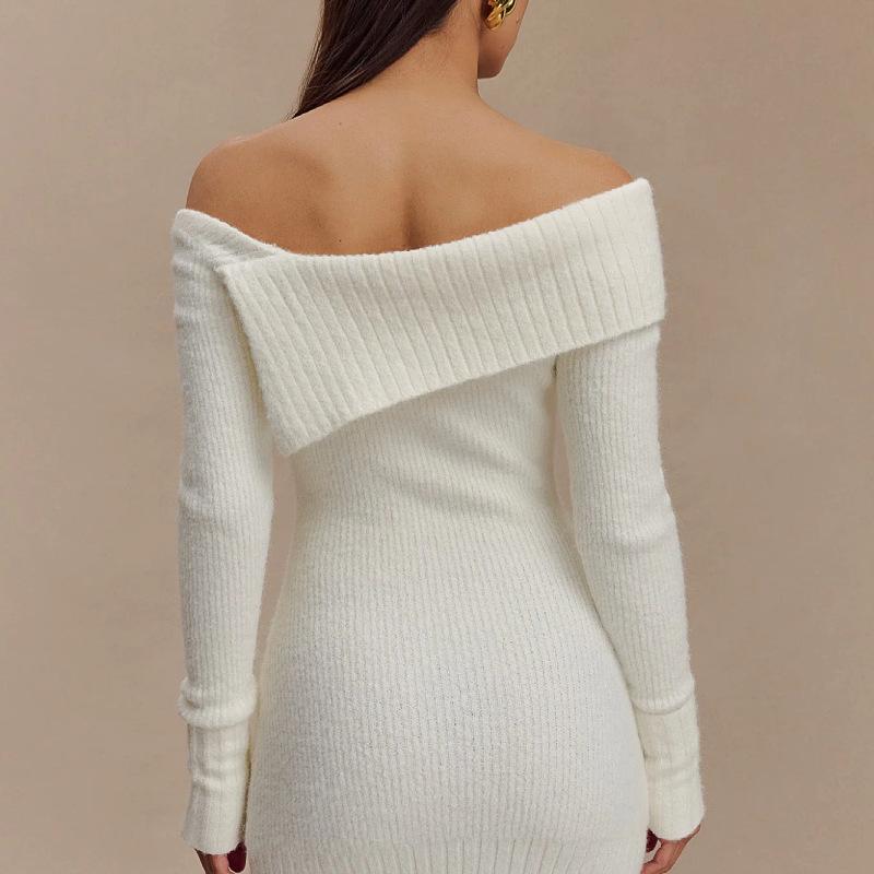Damen Off-Shoulder Faltkragen Langarm Bodycon Mini Kleid Elegant Gerippter Strick Kurze Partykleider Frühling Herbst Pulloverkleid für Damen