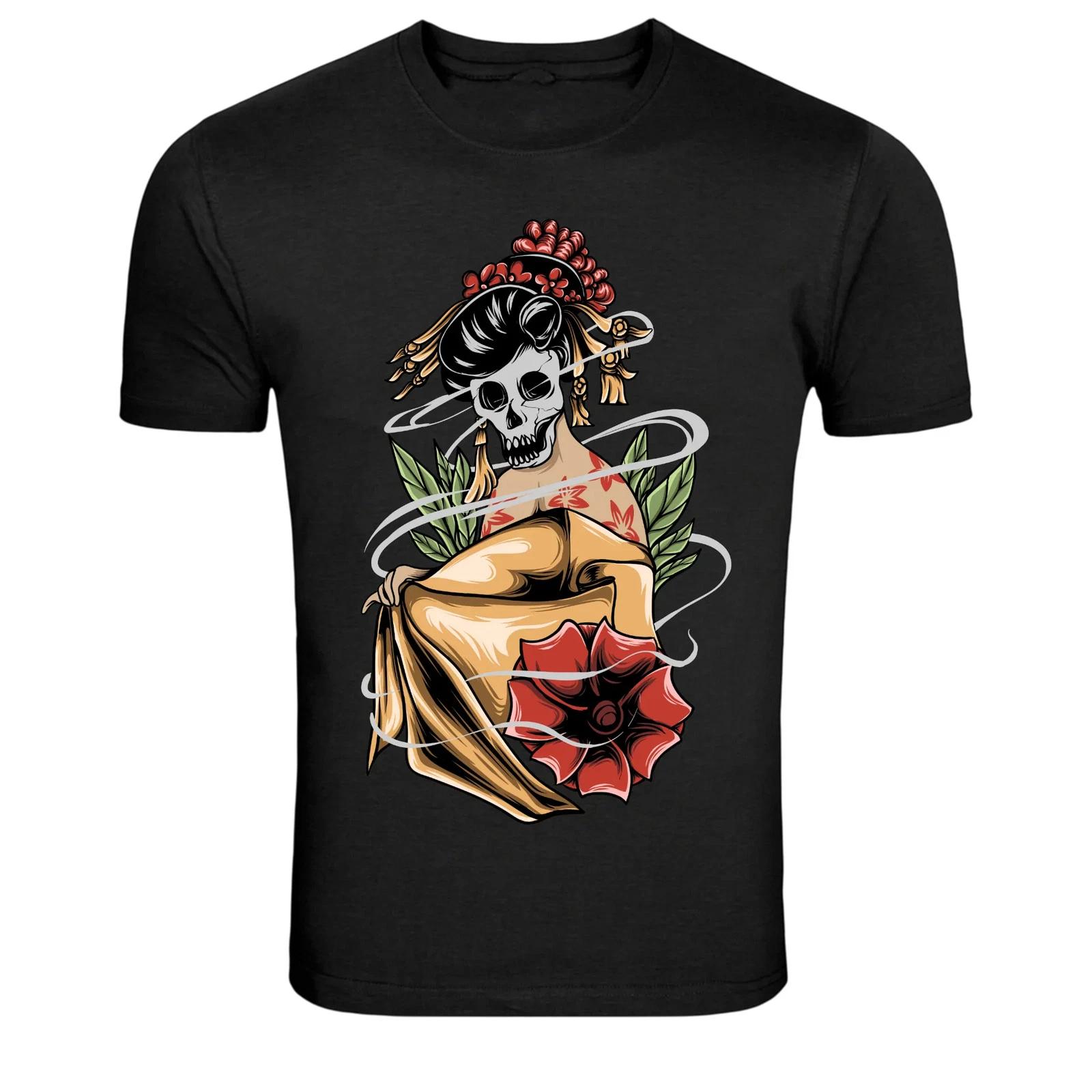 Geisha Skull Tattoo Style Graphic T-Shirt M