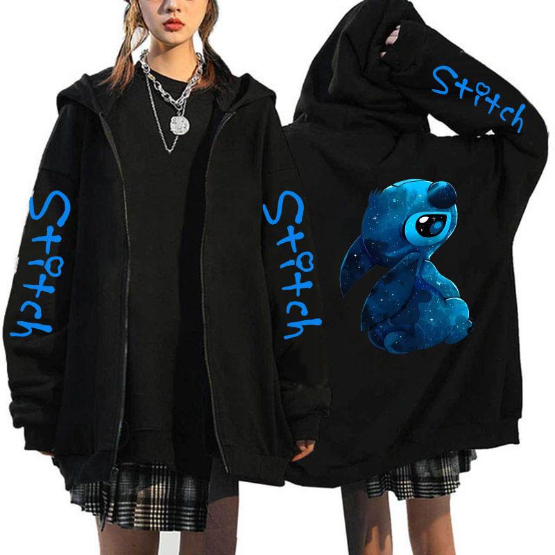 Oversized Y2k Zip-up Hettegenser Disney Dame Lilo & Stitch Kostyme Vinterklær Dame Langermet Varm Jakke Zip-up Street Topper