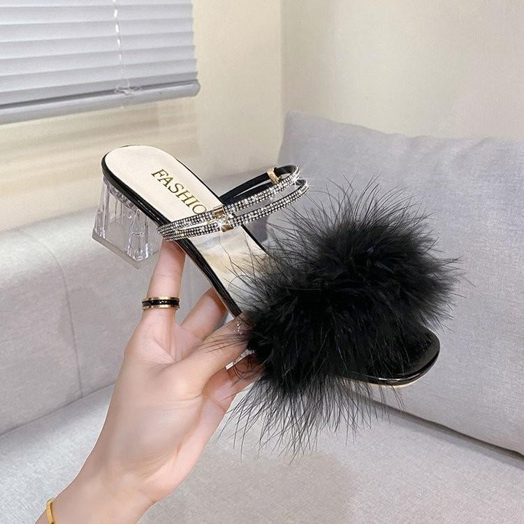 Summer New Sexy Feather-Decorated Pointed-Toe High-Heeled Women's Shoes, Simple Slippers, Fashionable Banquet Open-Toe Mules
