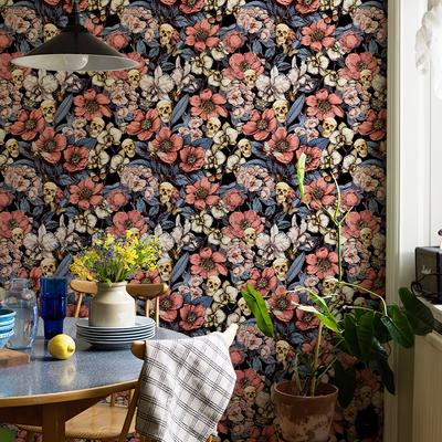 Pink Floral Skull Vinyl Wallpaper Peel And Stick Waterproof Flower Skull Cabinet Sticker Chic Halloween Festival Wall Decor