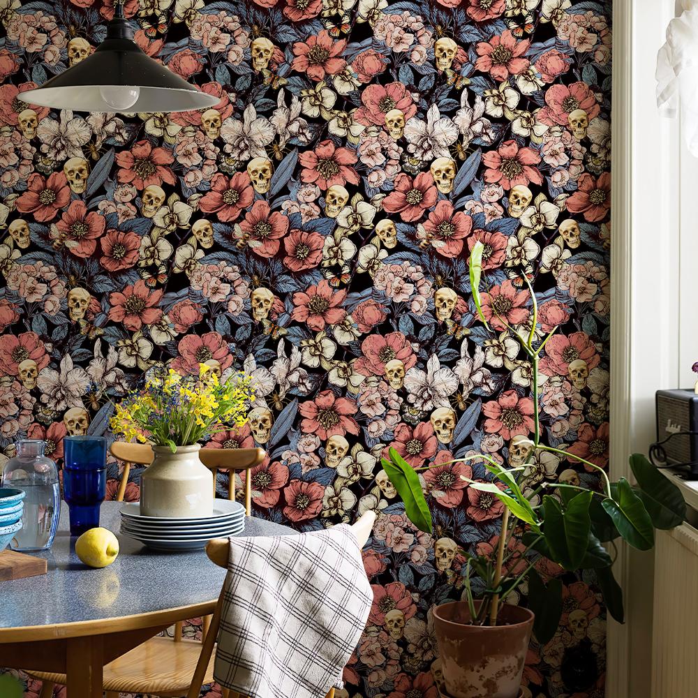 Pink Floral Skull Vinyl Wallpaper Peel And Stick Waterproof Flower Skull Cabinet Sticker Chic Halloween Festival Wall Decor