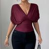 Moda Casual para Mujer Top de Cuello en V con Mangas Cortas tipo Ala y Cintura Ceñida