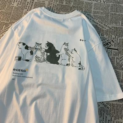 Japan Harajuku Queuing Cat Fun Printing Women'sT-Shirts Loose Oversized Short Sleeve Fashion Casual Clothing Soft Hip Hop Tees