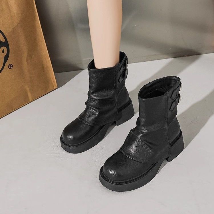 Maillard Martin boots for women's new retro short tube, new trousers, autumn and winter folds piled up thick-soled short boots for women