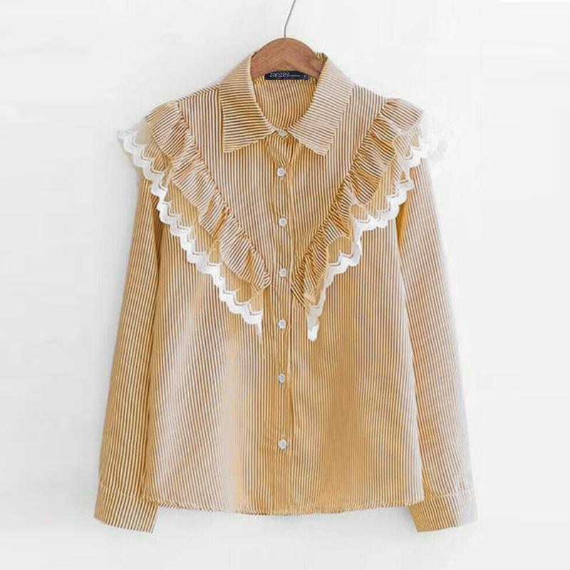 

ZANZEA Женские винтажные рубашки с воротником, длинным рукавом, контрастной полоской и оборками L