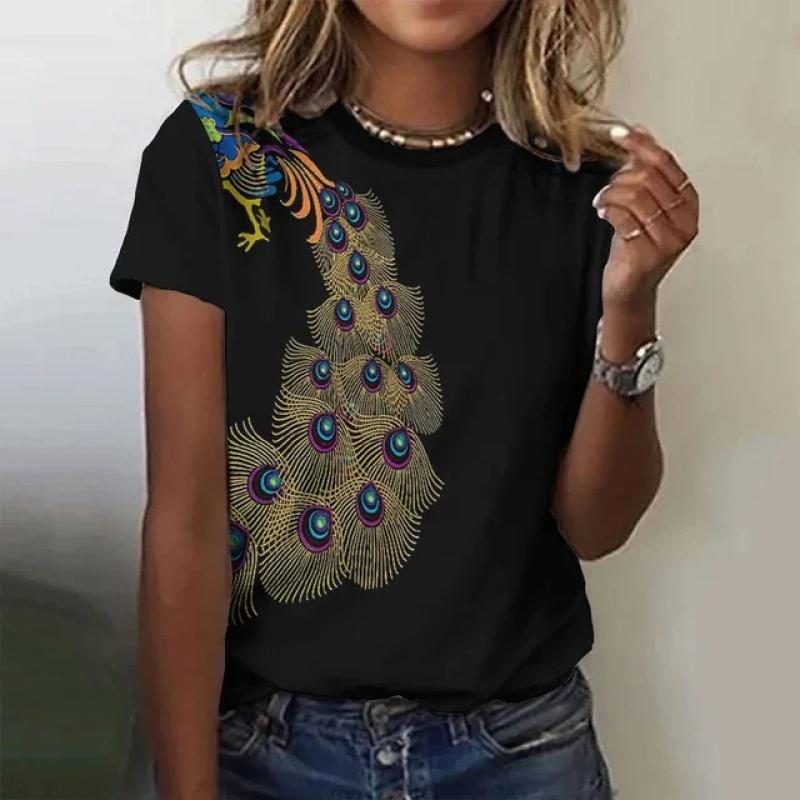 

Винтажная футболка с принтом павлиньих волос, женские футболки с 3d принтом, летняя модная футболка с круглым вырезом и короткими рукавами, одежда оверсайз 8XL