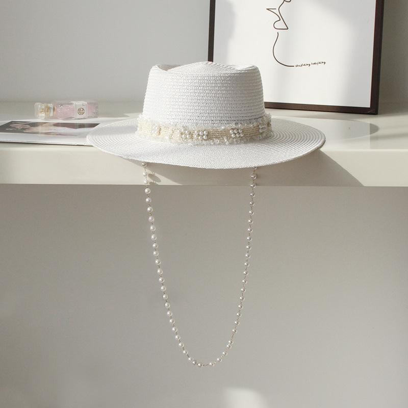202503-shi chique ins zomer zoete parel lint ketting papier gras Groot-Brittannië elegantie dame fedora hoed dames vrije tijd panama hoed