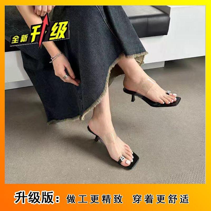Elegant square head rhinestone pinch feet go out thin heel sandals 2025 spring new transparent belt high heel niche high-end outer wear
