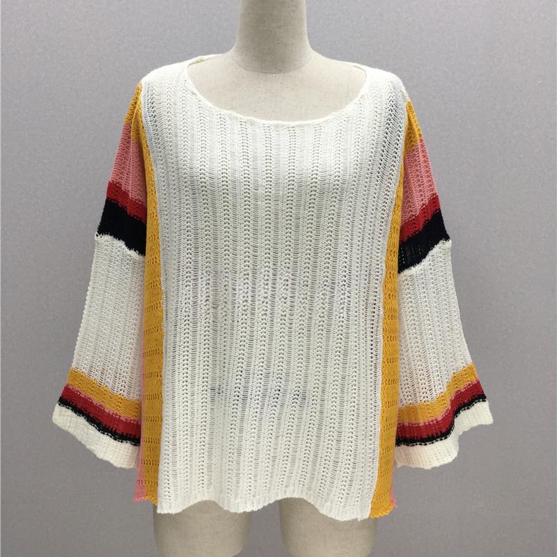 IHUASU Women's Autumn and Winter Sweater Loose Large Size Patchwork Knit Rainbow Women's Top