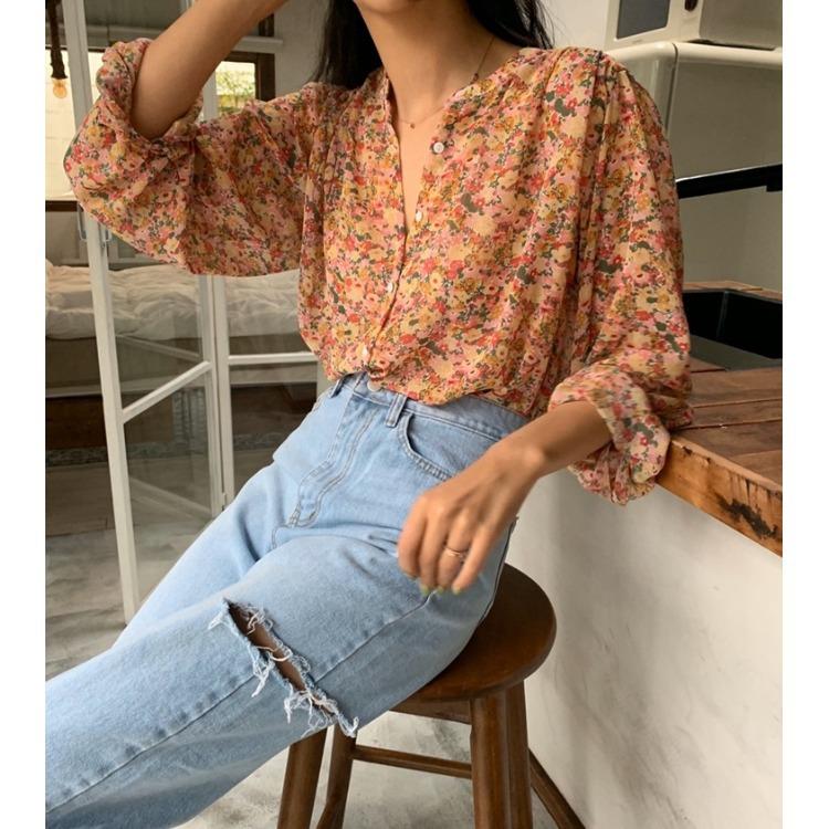 Spring New Korean Floral Shirt Top Women's Spring and Autumn Chiffon Shirt
