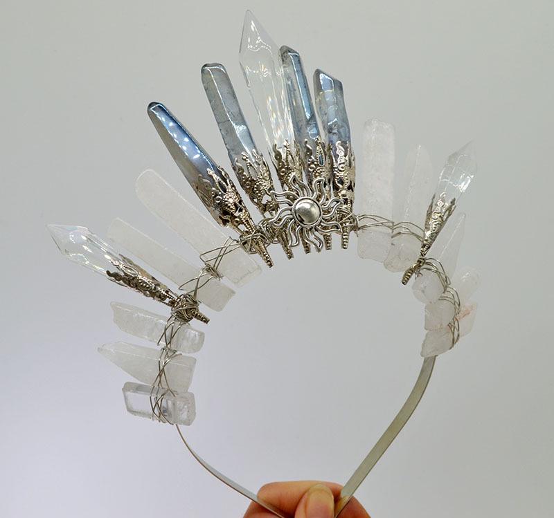 Retro Silver Moon Crystal Glass Crown Headband