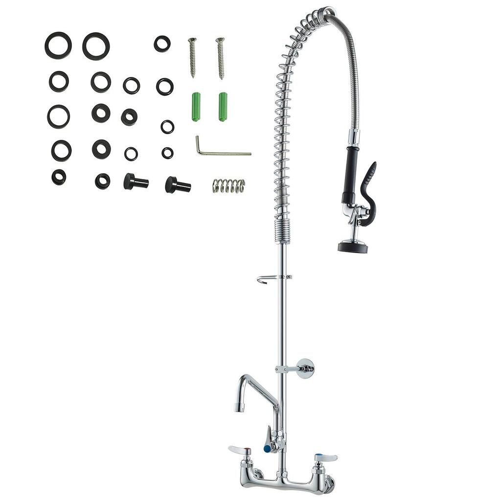 Commercial Faucet with Pre-Rinse Sprayer, 44" Height, 8" Center, 12" Swing Spout, Wall Mount Kitchen Sink Faucet, Brass Constructed Device with Pull
