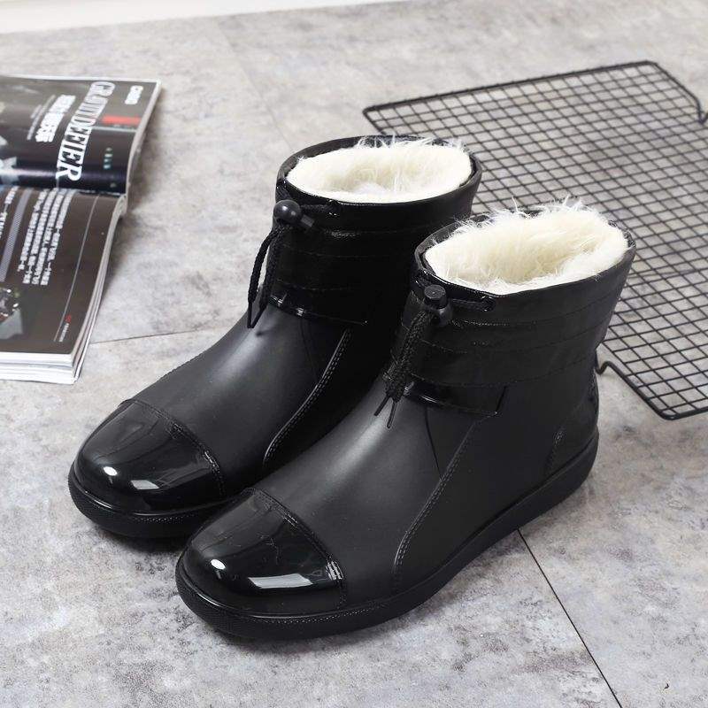 Rain shoes men's short tube velvet large size low-top wear-resistant waterproof overshoes rain boots kitchen non-slip car wash work rubber shoes