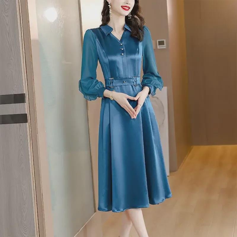 2025 Podzim Jednobarevné saténové šaty s dlouhým rukávem z acetátu - Zeštíhlující a břicho zakrývající design pro elegantní vzhled